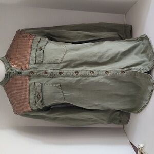 Anthropologie green denim shirt sequin Western Style Size 2
